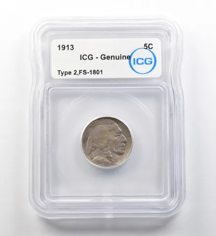1913 Indian Head Buffalo Nickel Type 2 FS-1801 Genuine ICG ERROR *8205