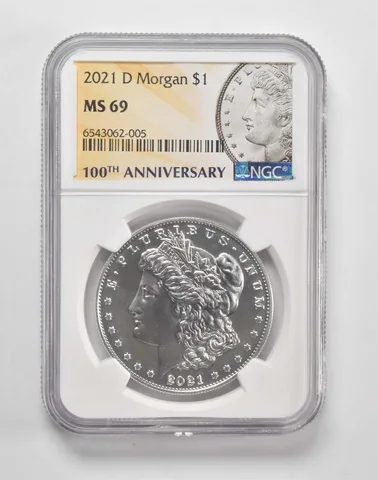 2021-D Morgan Silver Dollar $1 MS69 NGC 100th Anniversary Lbl