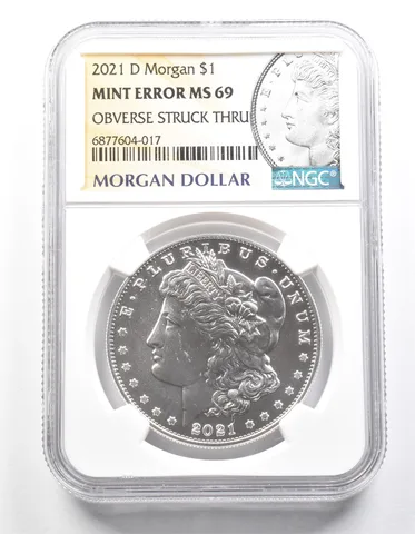 2021-D Morgan Silver Dollar Mint Error Obverse Struck Thru MS69 NGC a1349