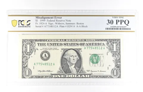 1999 $1 Boston MA FRN Misalignment Error Fr#1924-A Very Fine 30 PPQ PCGS *5791