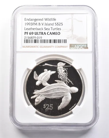 1993 FM British Virgin Islands $25 Silver Leatherback Sea Turtles PF69 NGC a4922