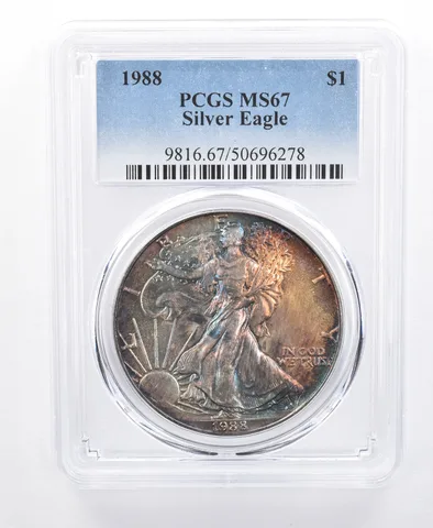 1988 American Silver Eagle MS67 PCGS Rainbow Tone *8673