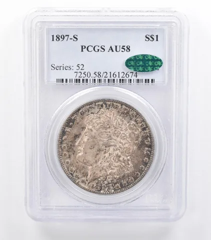 1897-S Morgan Silver Dollar AU58 PCGS CAC Beautiful Tone a0990