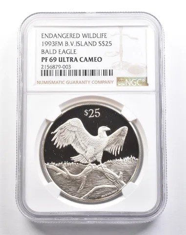 1993 FM British Virgin Islands 25 Dollars Silver Bald Eagle PF69 UCAM NGC *4941