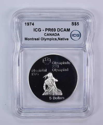 1974 Canada 5 Dollars Silver Montreal Olympics Native Canoe PR69 DCAM ICG