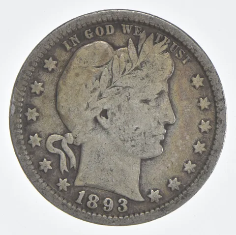 1893 (P) Barber Quarter 90% Silver VG Condition