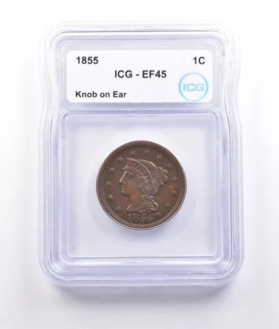 1855 Braided Hair Large Cent Knob On Ear EF45 ICG *6959