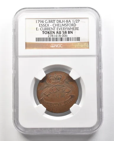 1794 G. Britain D&H-8A 1/2 Penny Essex-Chelmsford Token AU58 BN NGC a4735