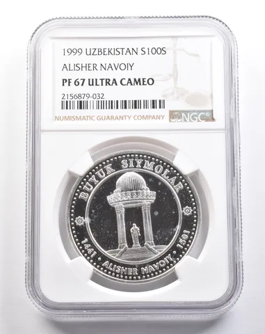 1999 Uzbekistan 100 Som Silver Alisher Navoiy PF67 UCAM NGC *4909