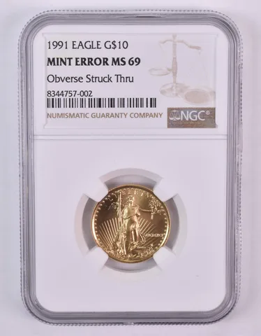 1991 $10 American Gold Eagle Mint Error Obv Struck Thru 1/4 Oz MS69 NGC *1002