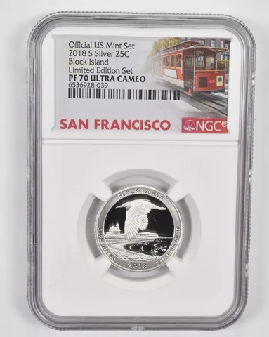 2018-S Silver PF70 Block Island Quarter NGC Limited Edition San Fran Lbl