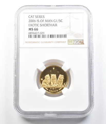2006 Isle Of Man 1/5 Crown Gold Cat Series Exotic Shorthair MS66 NGC *4458