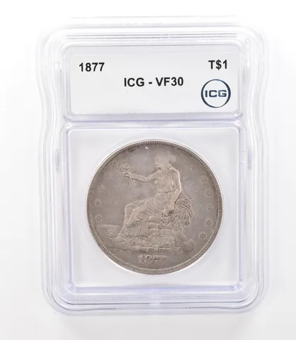 1877 Seated Liberty Trade Dollar VF30 ICG Nice Tone a3132