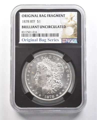 1878 8TF Morgan Silver Dollar Original Bag Fragment BU NGC a4372