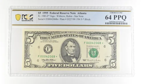 1995 $5 FRN Atlanta GA Fr#1985-F* Star Error Choice Unc 64 PPQ PCGS *4242