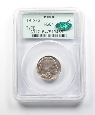 MS64 1913-S Indian Head Buffalo Nickel CAC PCGS OGH *1583