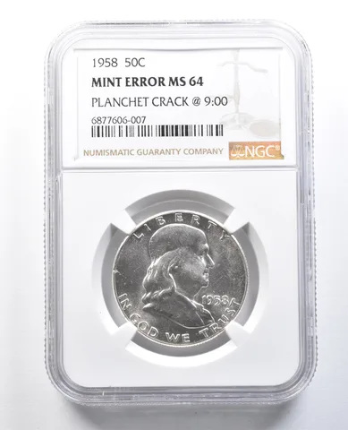 1958 Franklin Half Dollar Mint Error Planchet Crack @ 9:00 MS64 NGC *8210