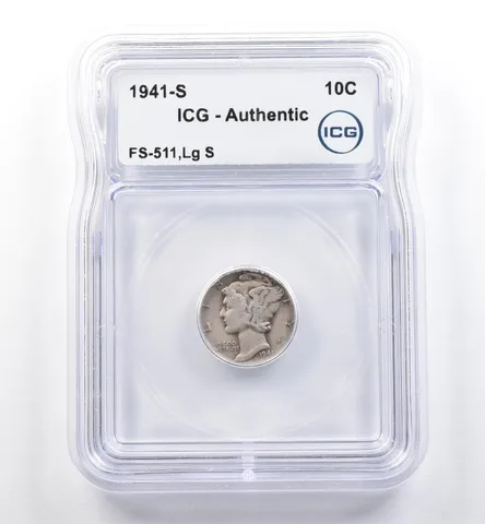 1941-S Mercury Dime FS-511 Lg S Authentic ICG *5984
