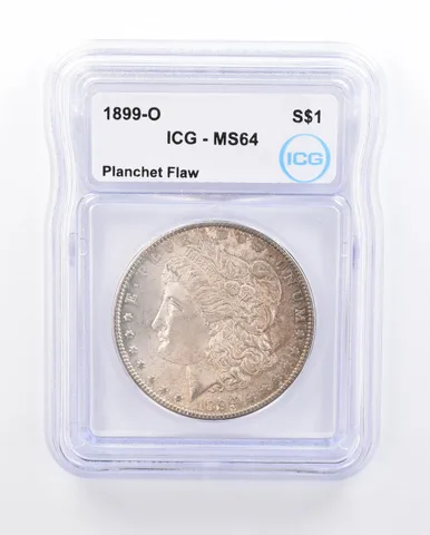 1899-O Morgan Silver $1 Mint Error Planchet Flaw MS64 ICG Beautiful Tone *4569