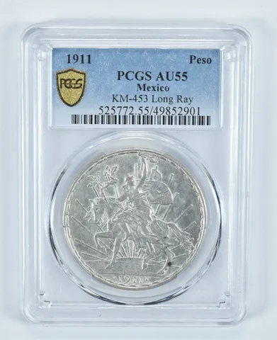1911 Mexico Peso KM-453 Long Ray AU55 PCGS *9077