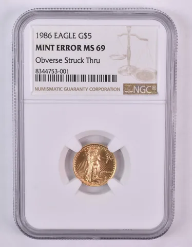 1986 $5 American Gold Eagle Mint Error Obv Struck Thru 1/10 Oz MS69 NGC *0999