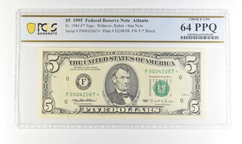 1995 $5 FRN Atlanta GA Fr#1985-F* Star Error Choice Unc 64 PPQ PCGS *4241