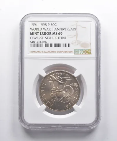 Error MS69 1991-1995-P WWII Commemorative Half Dollar OBV Struck Thru NGC *8775