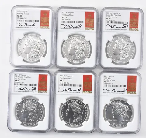 (6) 2021/D/S/'CC'/'O' Morgan/Peace Silver Dollar Kenneth Bressett MS70 NGC a3875