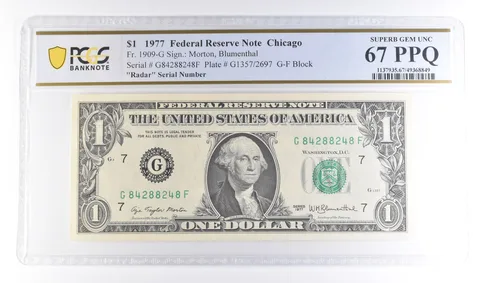 1977 $1 Chicago IL FRN Fr#1909-G Radar Serial Superb Gem Unc 67 PPQ PCGS a6125
