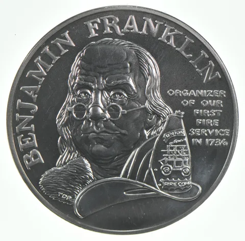1992 Unc Ben Franklin Firefighters Commemorative 1 oz Silver Medal Round