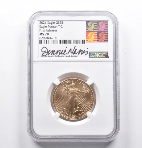 MS70 2021 $25 American Gold Eagle T2 1/2 Oz Gold FR Signed Norris NGC *1089