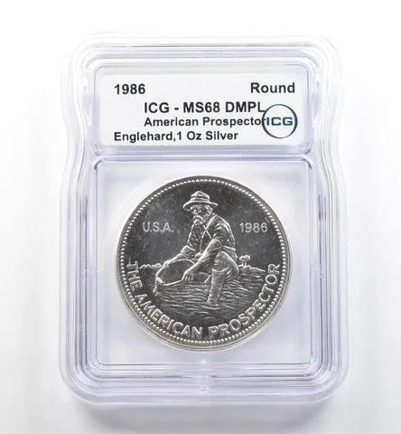 1986 Engelhard 1 Oz Silver American Prospector Eagle Reverse MS68 DMPL ICG *7472