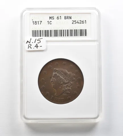 1817 Coronet Head Large Cent MS61 BRN ANACS N-15 R-4 a3432