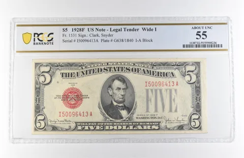 1928 F $5 Legal Tender Wide I Fr#1531 About Unc 55 PCGS *7914