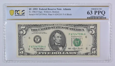 1993 $5 Atlanta GA FRN Fr#1982-F Choice Unc 63 PPQ PCGS