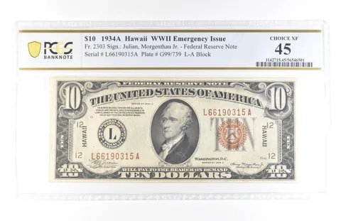 1934 A $10 Hawaii WWII Emergency Issue FRN Fr#2303 Choice XF 45 PCGS *5795