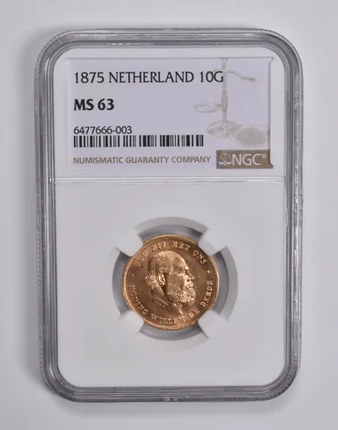 MS63 1875 Netherlands Gold 10 Gulden NGC *6548