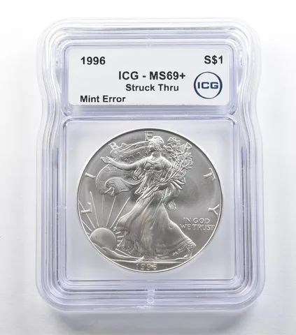 1996 American Silver Eagle Mint Error Struck Thru MS69+ ICG *5436