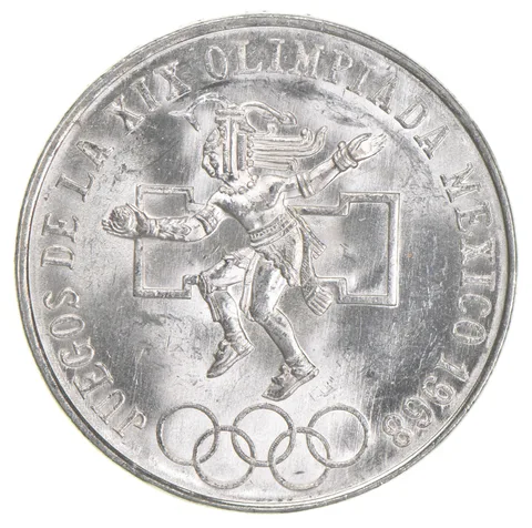 1968 Mexico 25 Pesos Olympic Games Eagle & Snake Silver Gem BU