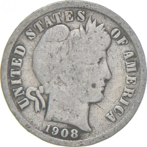 1908-D Barber Dime 90% Silver Average Circ