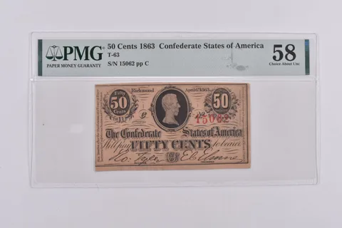 1863 50 Cents Confederate States Of America PMG 58 Choice About Unc