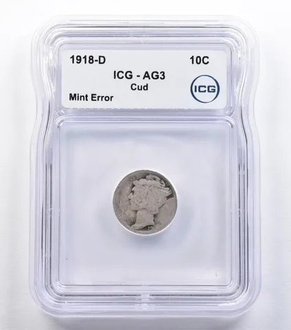 1918-D Mercury Dime Mint Error Cud AG3 ICG *2216