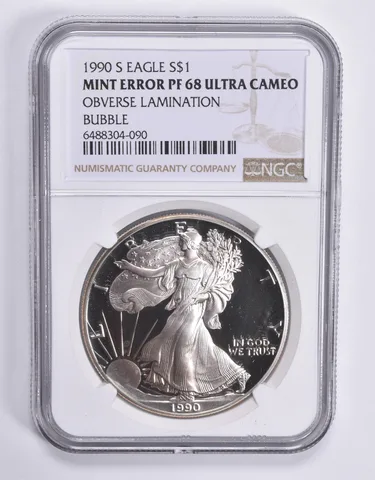 ERROR PF68 UCAM 1990-S American Silver Eagle OBV Lamination Bubble NGC a1825
