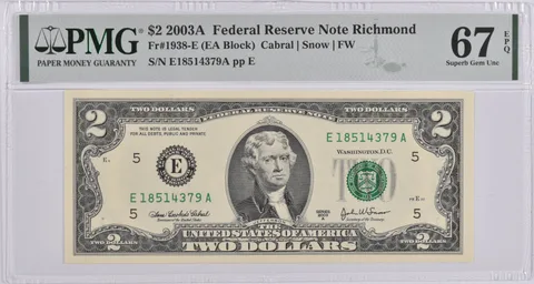 $2 2003-A Richmond, VA US FRN PMG Superb Gem Unc 67 EPQ Fr#1938-E