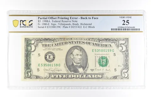 1988 A $5 25 VA FRN Partial Offset Print Error Back To Face Fr#1980-E PCGS *5819