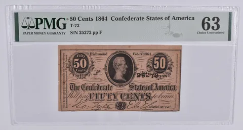 1864 50 Cents Confederate States of America PMG 63 Choice Uncirculated