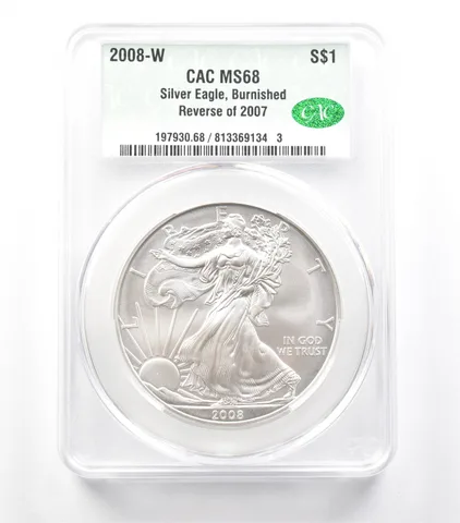2008-W Reverse Of 2007 Burnished Silver Eagle MS68 CAC CACg *3686