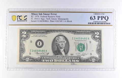 1976 $2 Minneapolis MN FRN Fr#1935-I Ink Smear Error Ch Unc 63 PPQ PCGS *8286