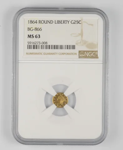 MS63 1864 Round Liberty Gold 25 Cents - BG-866 - Graded NGC *1060