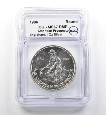 1986 Engelhard 1 Oz Silver American Prospector Eagle Reverse MS67 DMPL ICG *7478